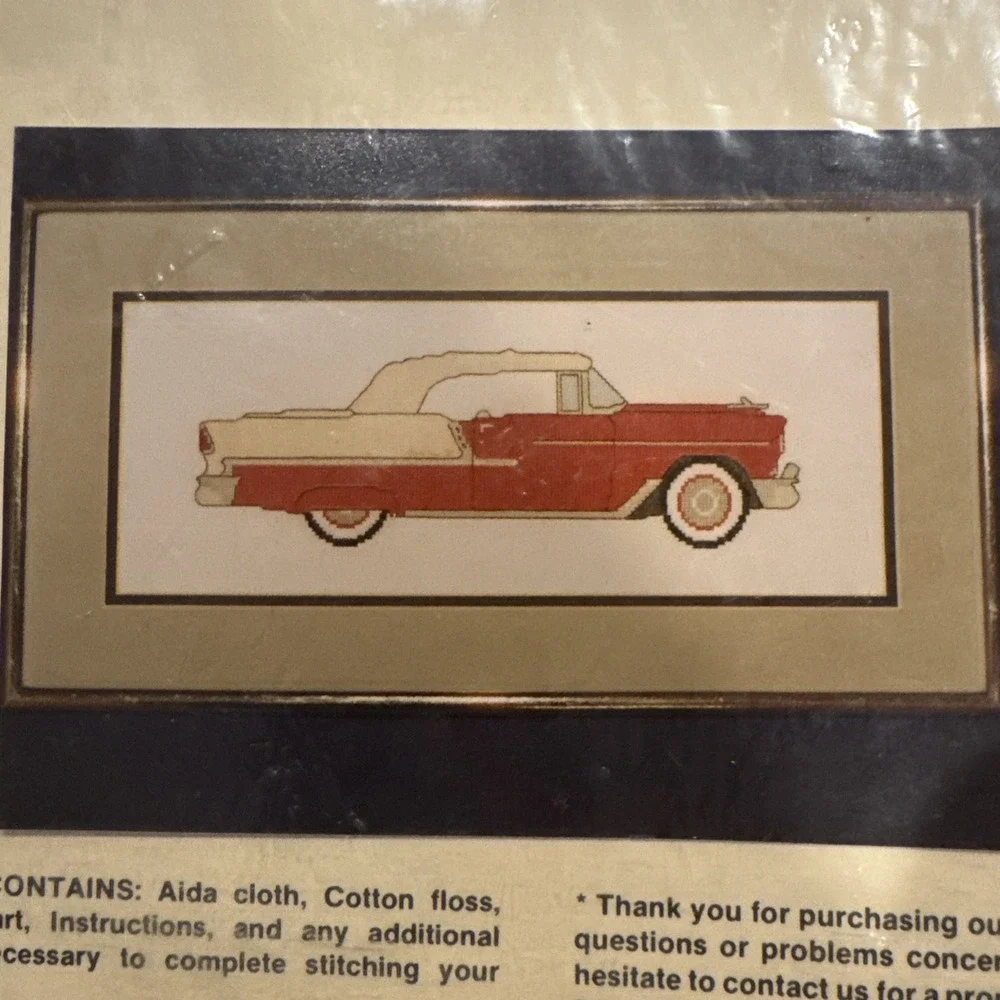 Vintage Studio M Red 1955 Chevy Cross Stitch Kit #118171 Made In USA 15x6